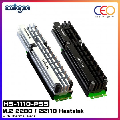 Archgon M.2 NVMe/SATA or M.2 2280 / 22110 Solid Stated Drive SSD Heatsink Design for PS5 with Thermal Pad